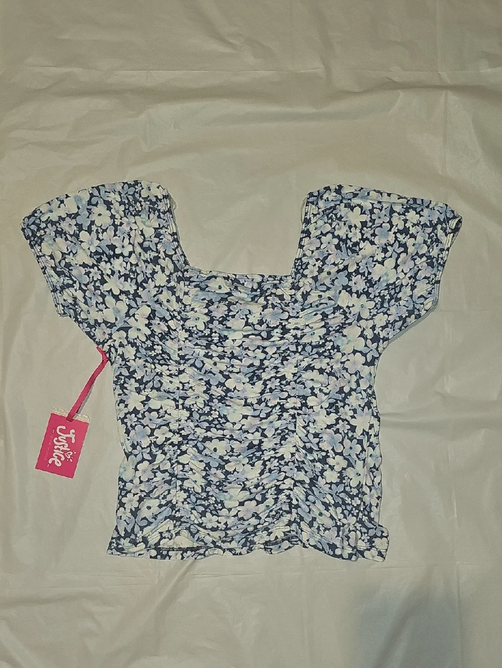 Justice Girls XL 16/18 Navy, White Floral Short Puff Sleeves Ruched Crop Top New